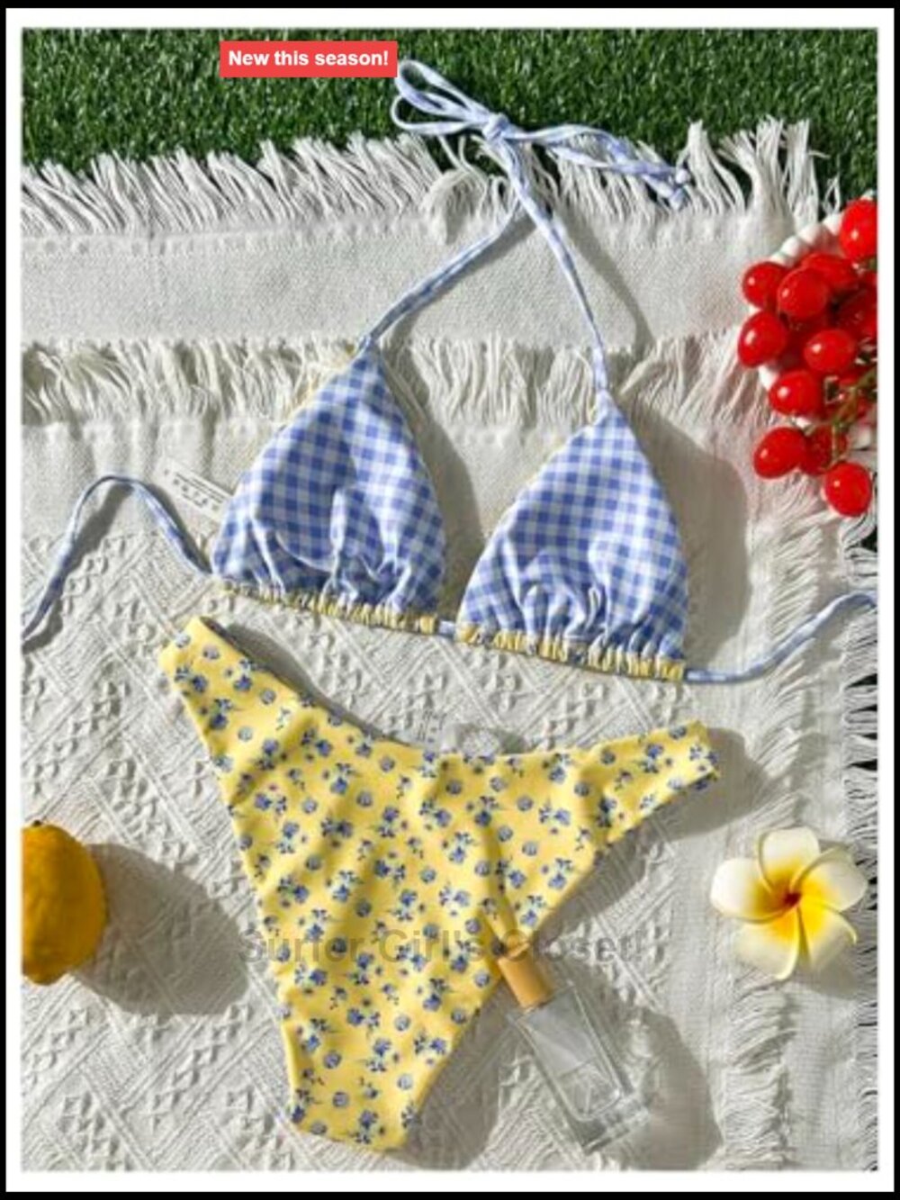 Gingham Bikini Set Triangle Halter Swimsuit Floral Boho Summer Two Piece View 2